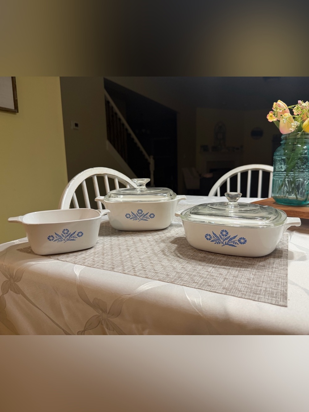 Vintage three-piece set of Corning Ware Blue Cornflower casserole dishes.